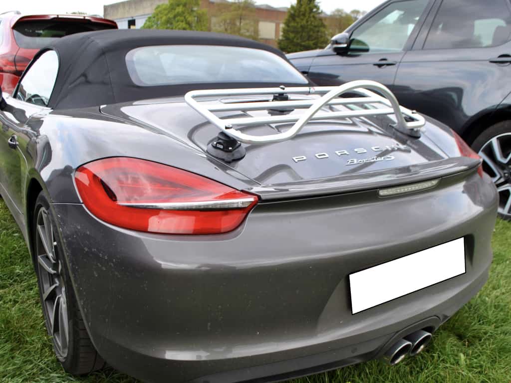 porsche boxster 981 with a revo-rack pa luggage rack fitted photographed close from the rear left