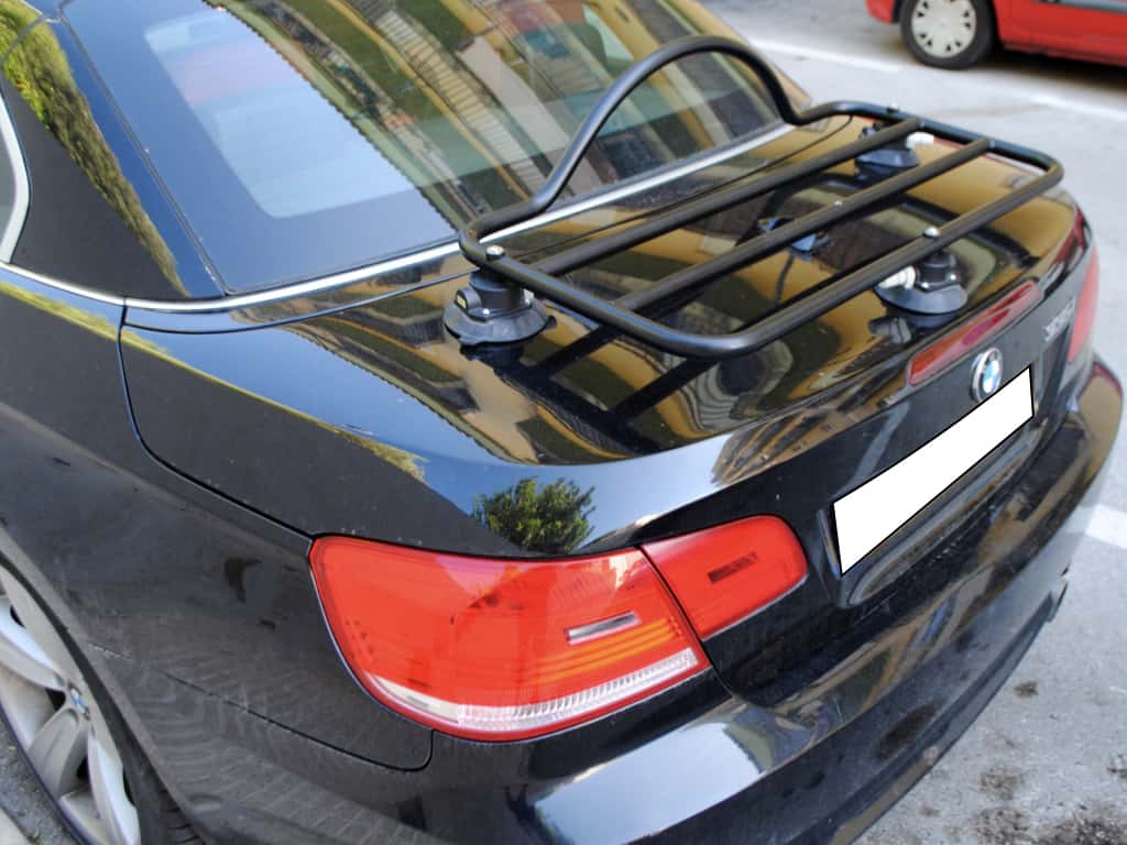 black bmw 3 series e93 convertible with a revo-rack black luggage rack fitted