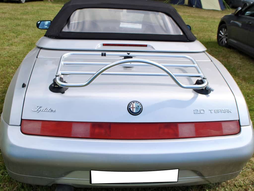 silver 916 alfa Romeo spider in a campsite with a revo-rack pa luggage rack fitted