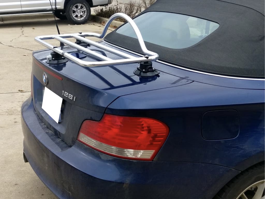 blue bmw 128i convertible with a revo-rack luggage rack fitted