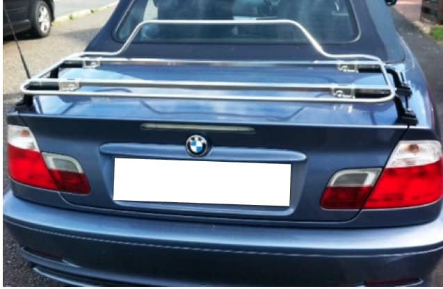 blue bmw 3 series convertible e46 with a stainless steel luggage rack fitted