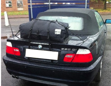 black bmw 3 series convertible E46 with a boot-bag original luggage rack fitted