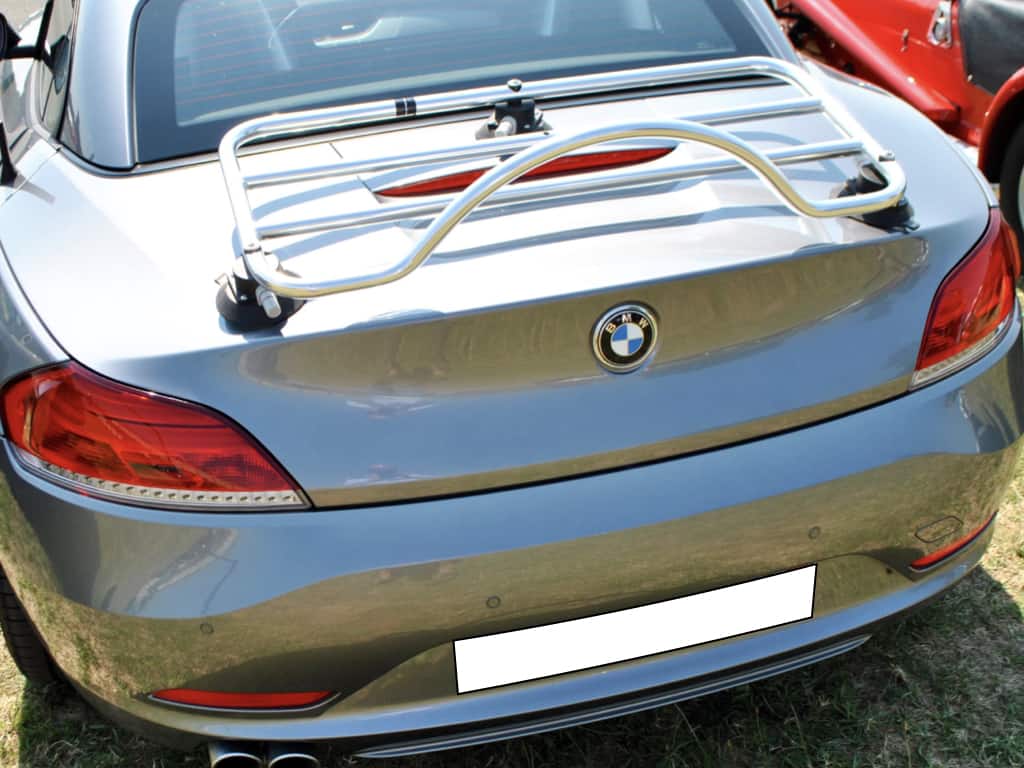 silver bmw z4 e89 with the hood up on a sunny day and a revo-rack luggage rack fitted to the boot