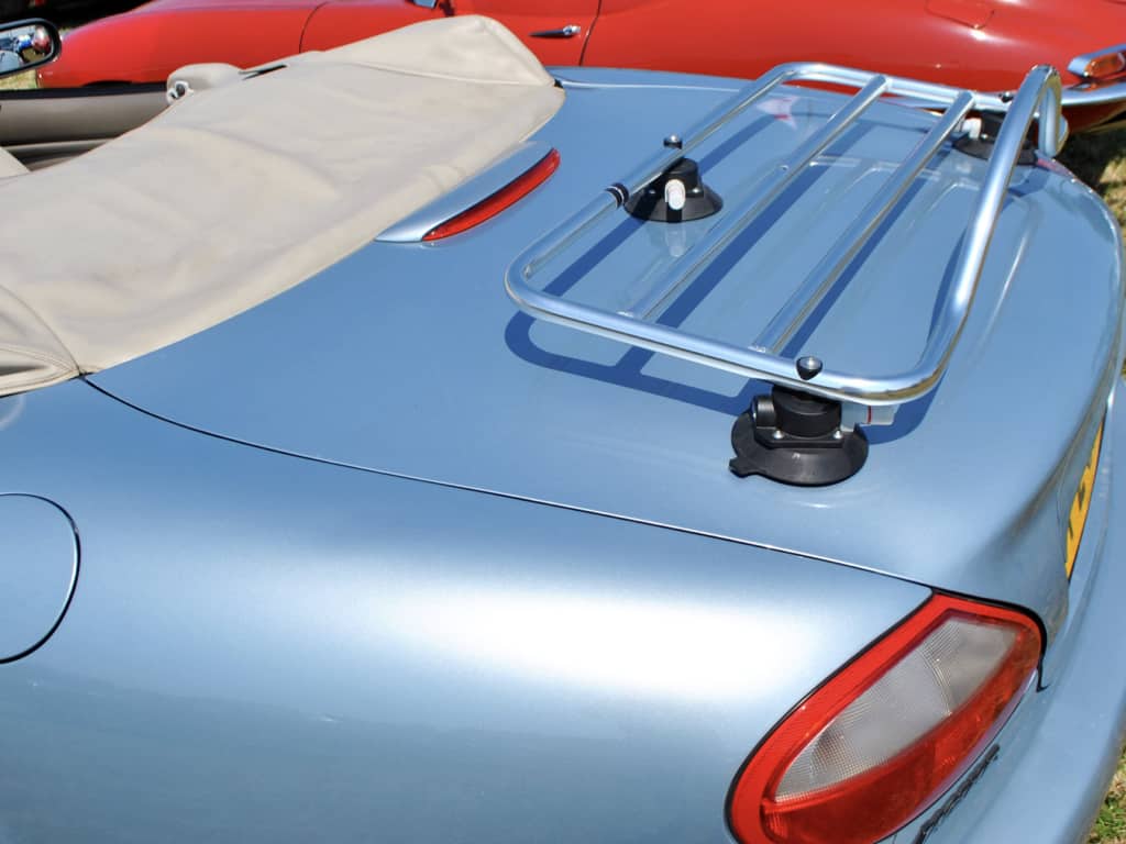 light blue jaguar xk8 convertible with a revo-rack pa luggage rack fitted
