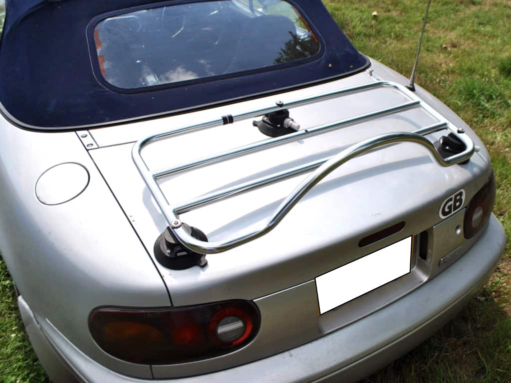 silver mazda mx5 mk1 with a revo-rack p luggage rack fitted