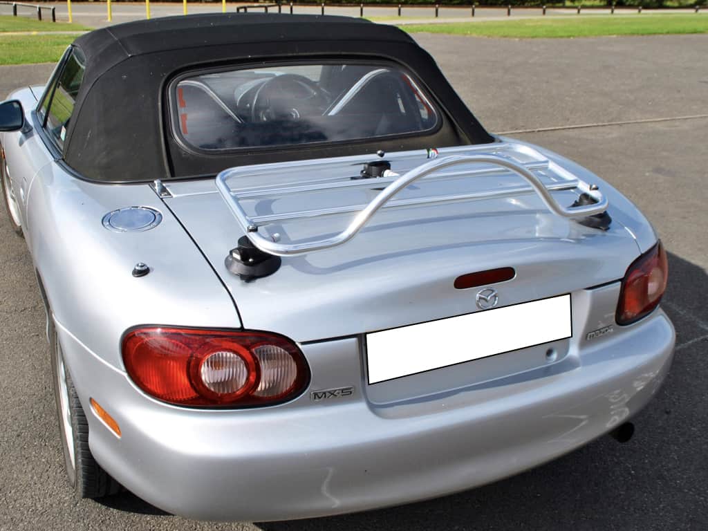 silver mazda mx5 mk2 with a revo-rack pa luggage rack fitted to the boot