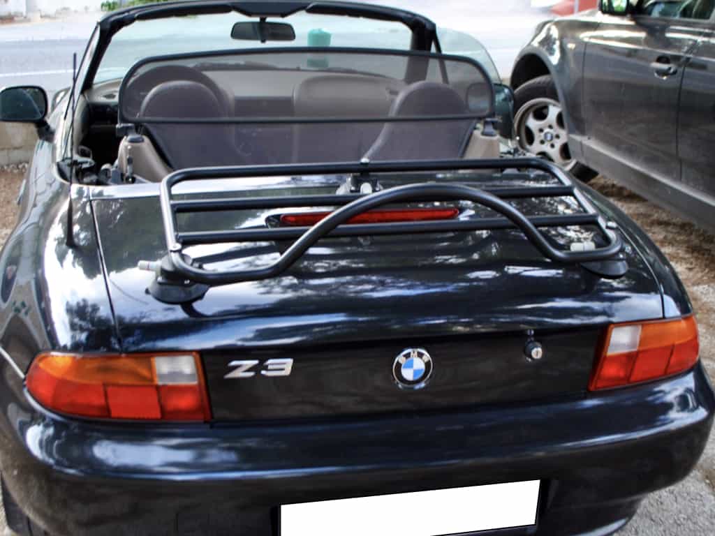 rear view of a black bmw z3 with a revo-rack luggage rack fitted