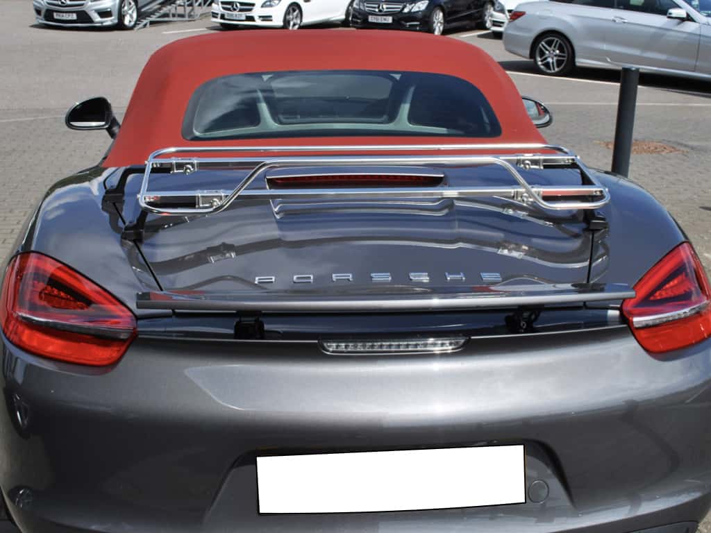 rear view of a 981 porsche boxster in dark grey with a stainless steel luggage rack fitted