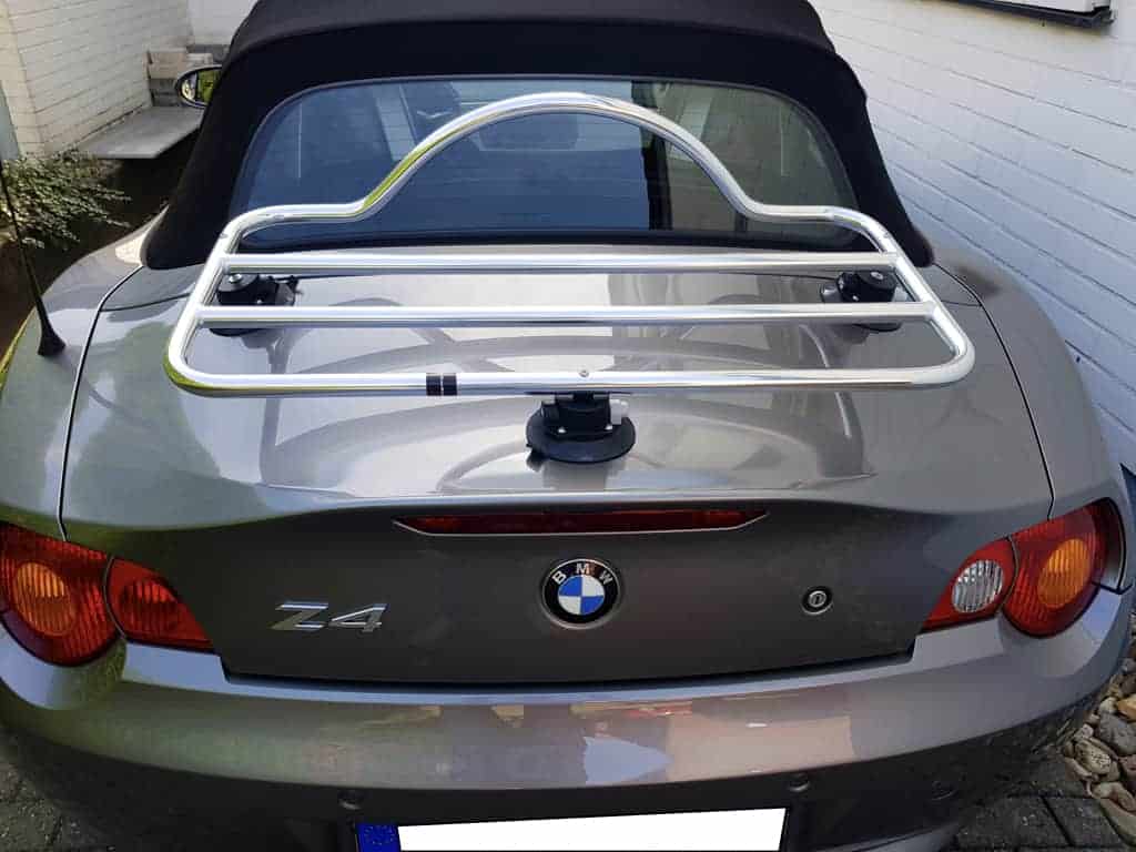 stainless steel luggage rack fitted to a dark grey bmw z4 e85 photographed from the rear