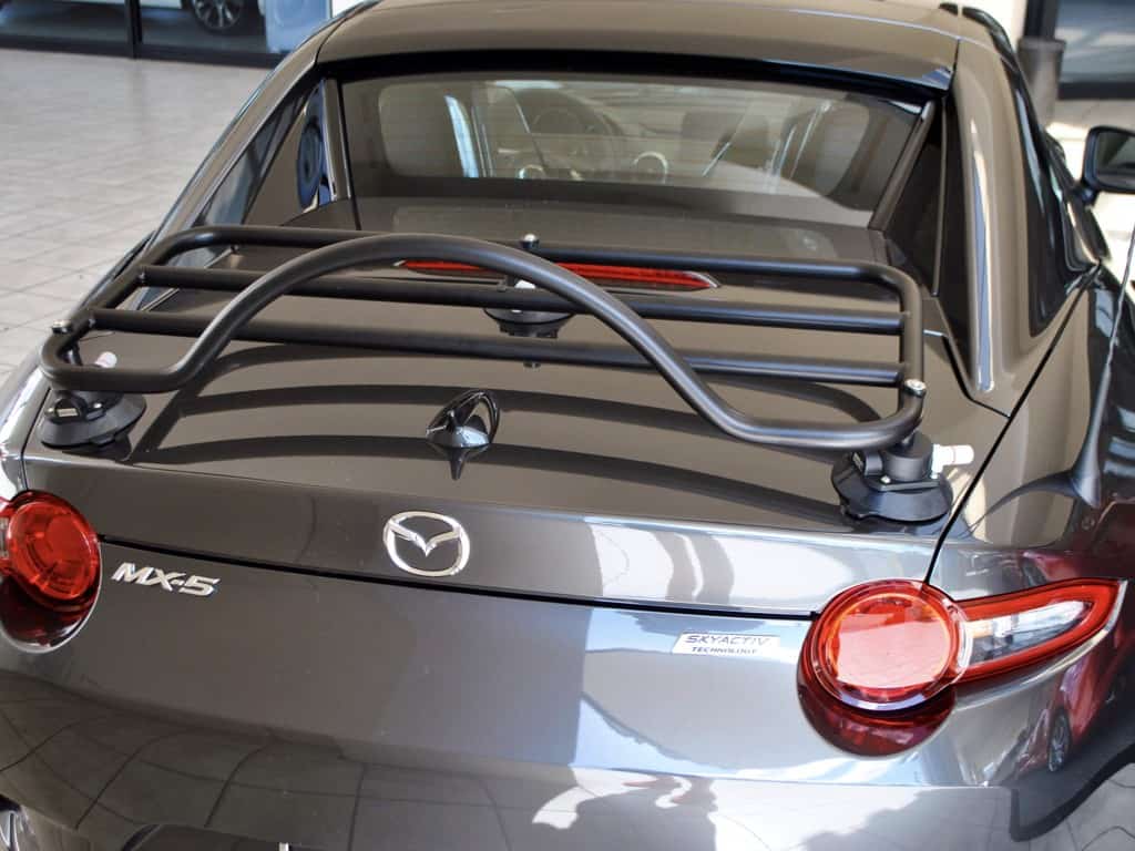 grey mazda mx5 with a revo-rack black luggage rack fitted photographed from behind