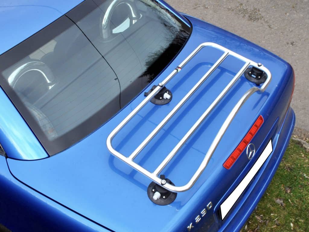 Blue Mercedes SLK R170 with new style chrome luggage rack attached