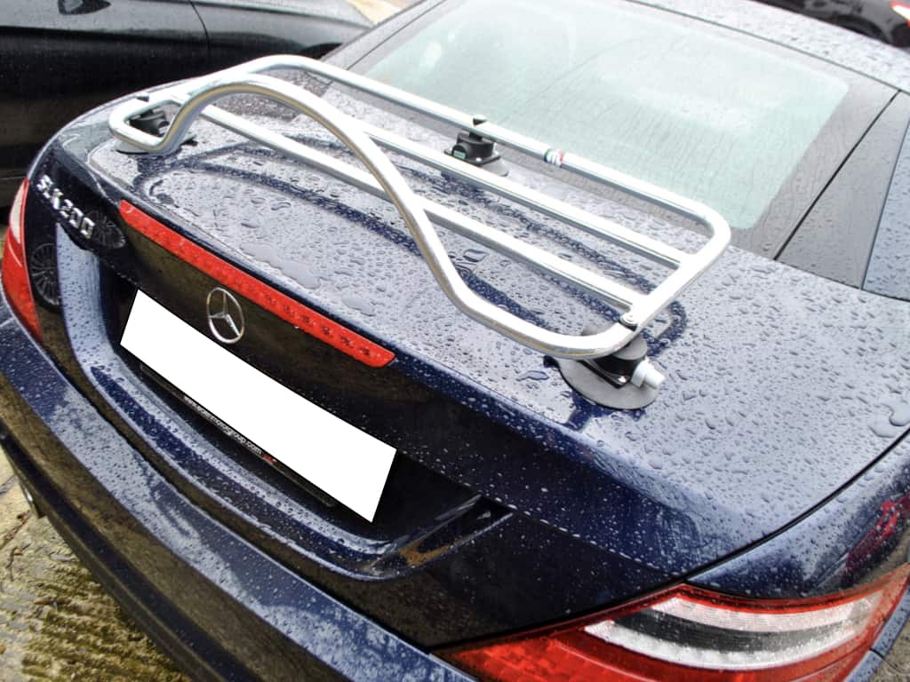 blue mercedes slk r172 200 on a rainy day with a revo-rack pa luggage rack fitted to the boot