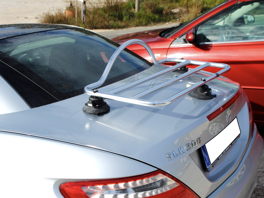 silver mercedes slk r172 200 with a revo-rack pa luggage rack fitted to the boot photographed close at the rear