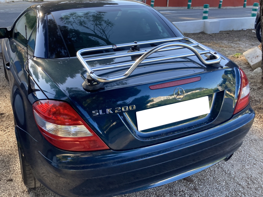 blue mercedes benz slk r171 200 with a revo-rack stainless steel luggage rack fitted photographed from the rear