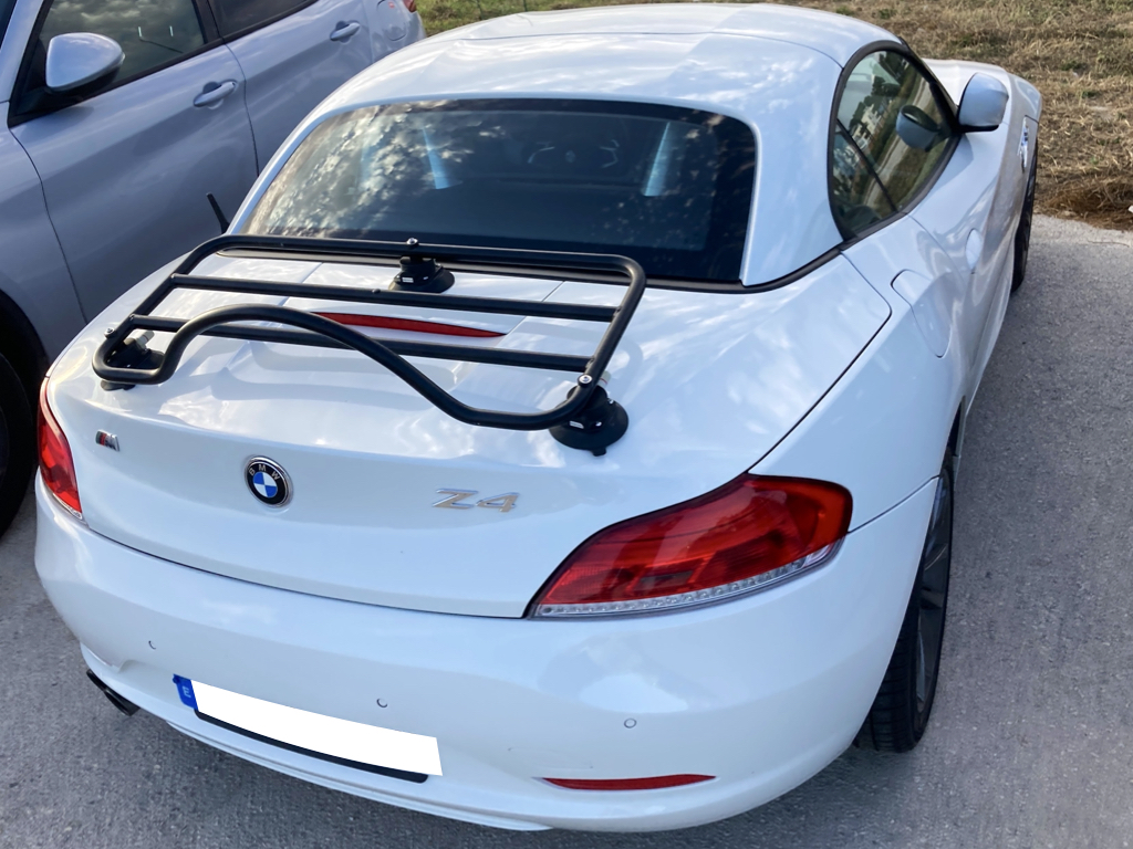white bmw z4 e89 with a revo-rack black luggage rack fitted photographed from the rear 