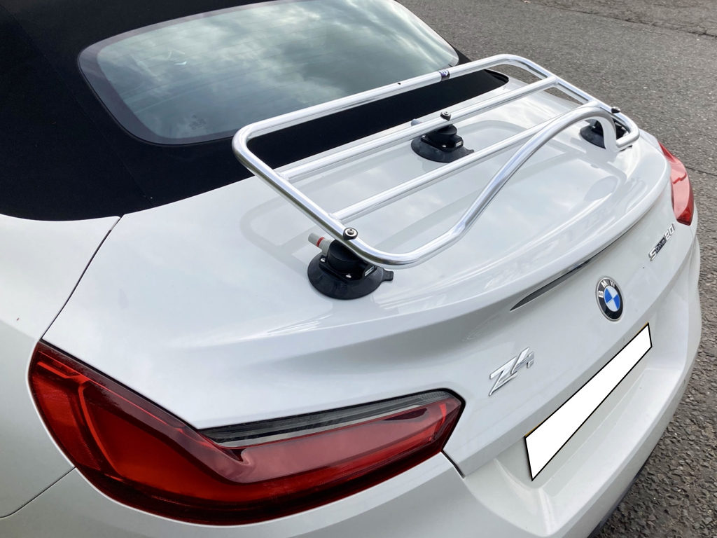 white bmw z4 m40i with a revo-rack stainless steel luggage rack fitted 
